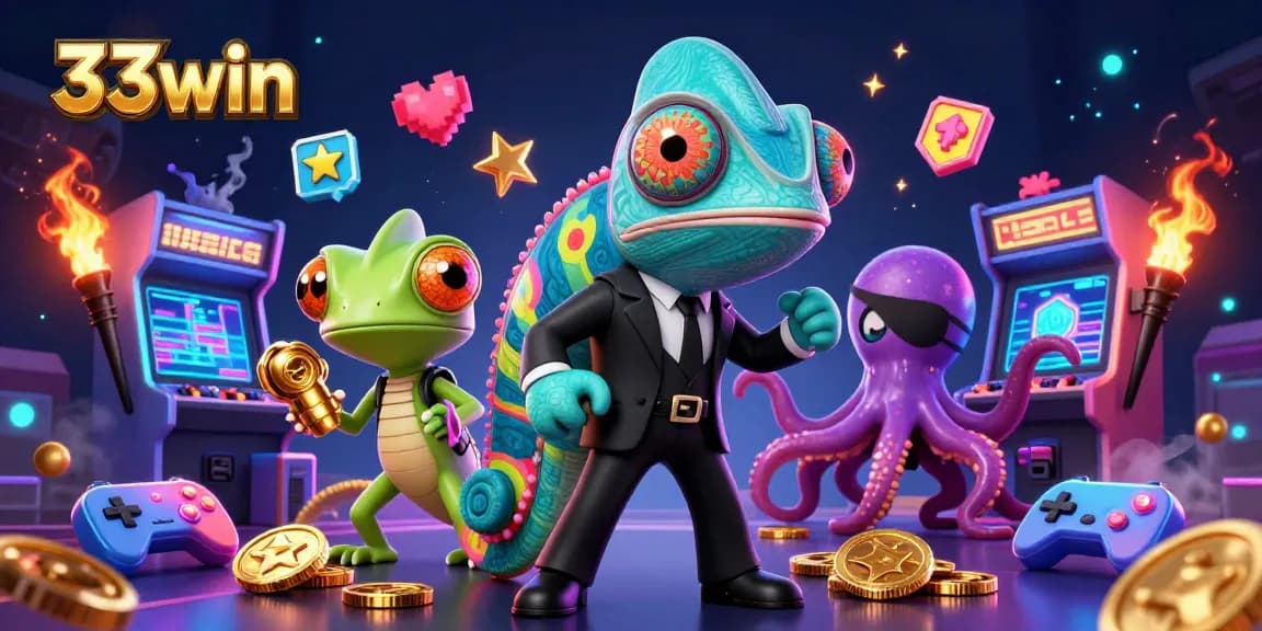 Experience 33win's vibrant world as a colorful cartoon casino adventure unfolds with engaging game elements.
