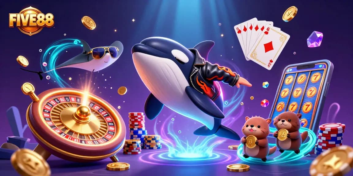 Experience thrilling wins with FIVE88 as the orca leaps through a vibrant casino scene!