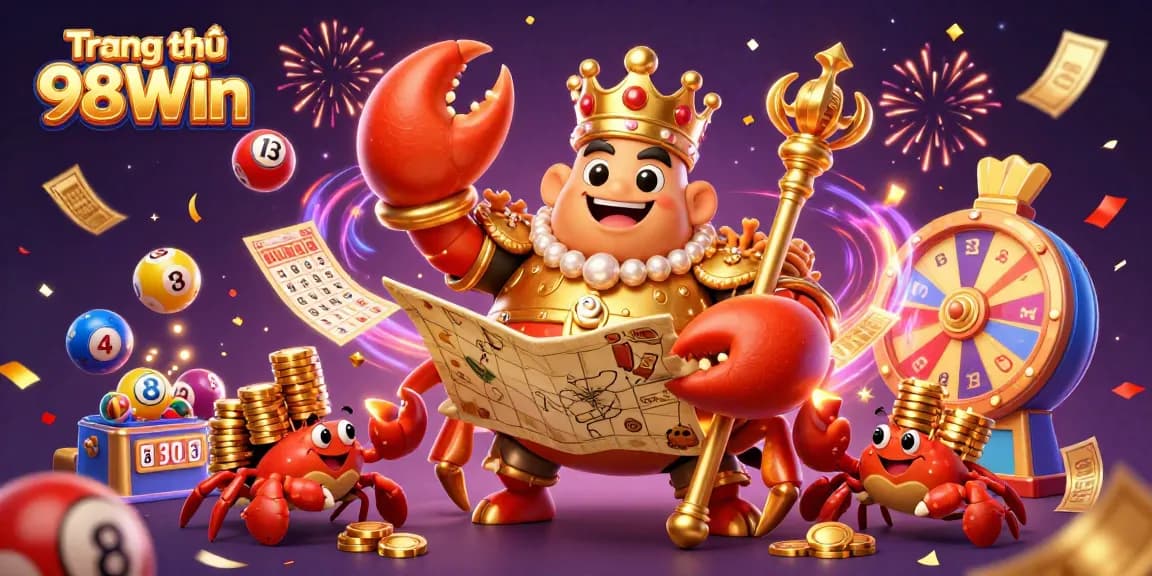 Join the excitement at Trang chủ 98Win with vibrant lottery elements and a golden crab emperor.