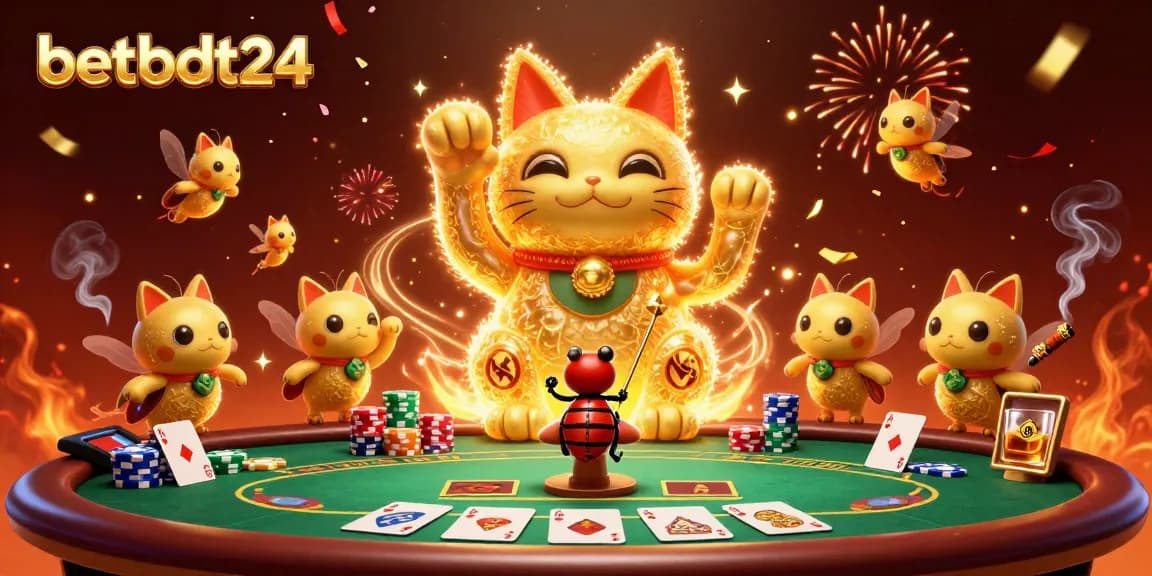 Experience the excitement of betbdt24 with a vibrant illustration featuring lucky symbols and dynamic poker elements.