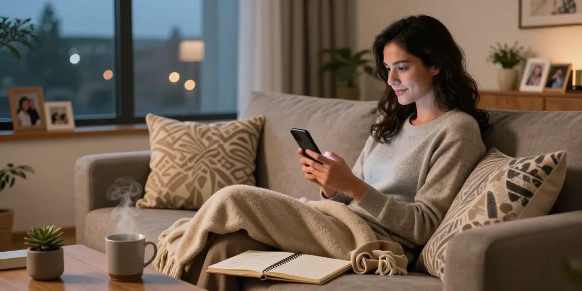 Woman using HundRoses dating app while enjoying a cozy evening at home, seeking meaningful connections in dating.