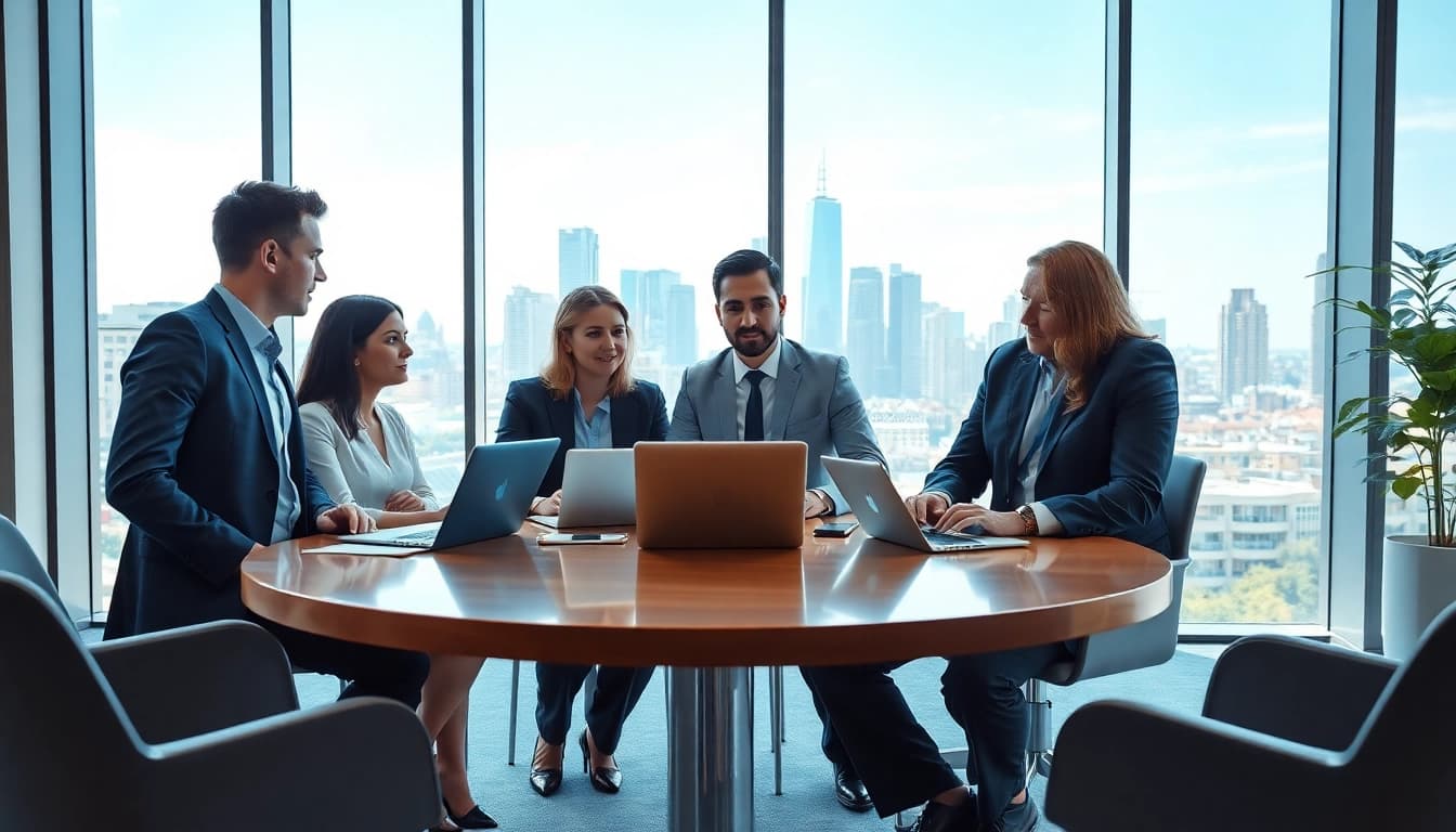 Engaged business professionals review business mobile contracts UK in modern office.