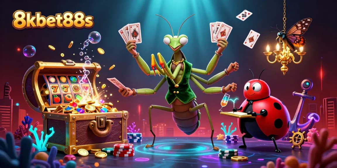 8kbet88s showcases a dynamic gambling scene with a vibrant 3D casino illustration featuring card games.