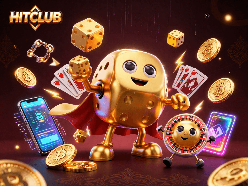 HITCLUB showcases a lively casino scene featuring a golden dice golem and crypto elements.
