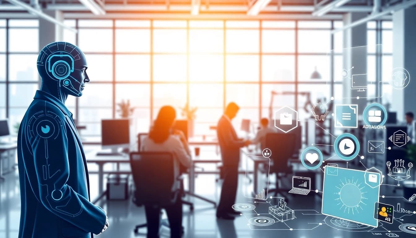 AI agents working collaboratively in a futuristic office environment.