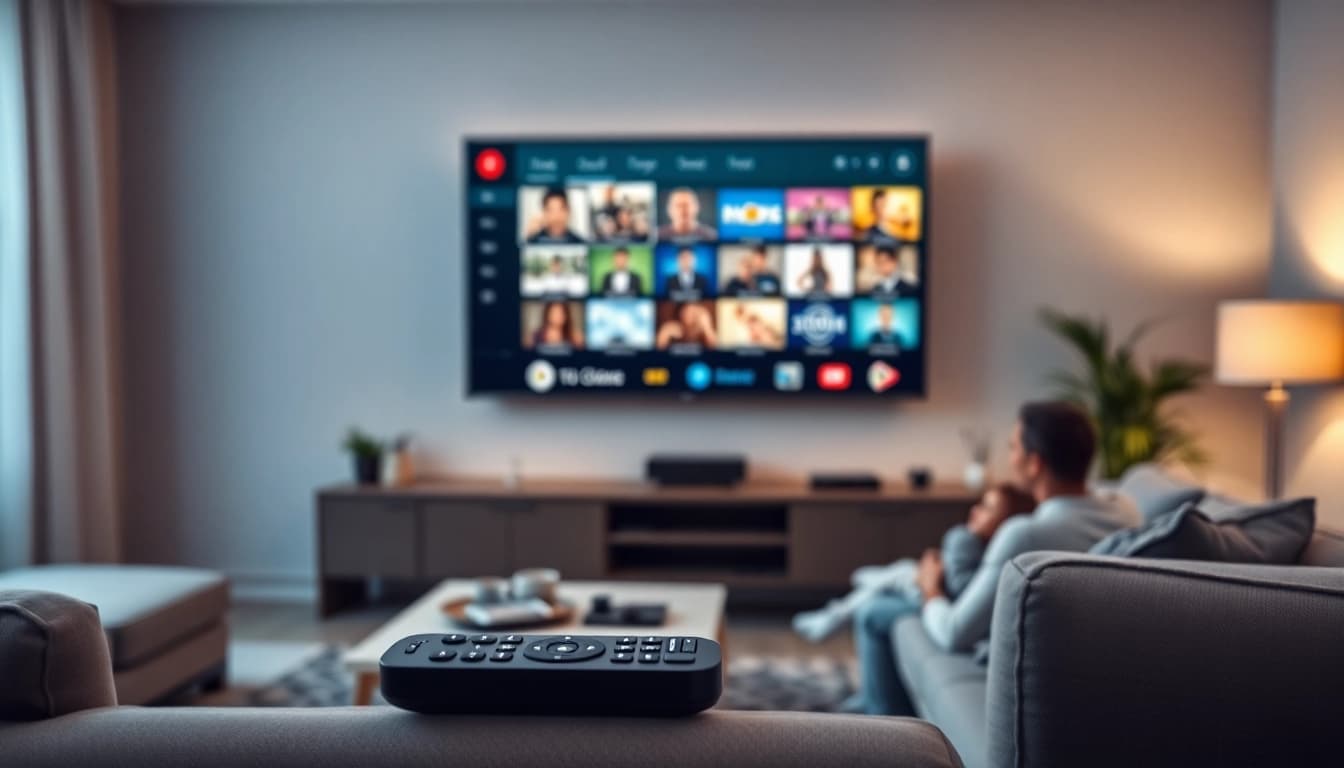 Experience iptv Canada with a cozy home setup, featuring a stylish TV and family enjoying diverse channels.