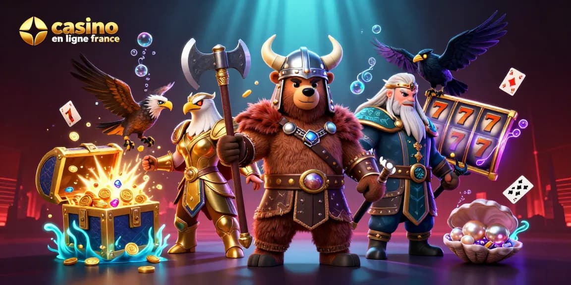 Illustrez l'excitation des jeux avec ce casino en ligne France mettant en scène un ours viking et un aigle valkyrie.