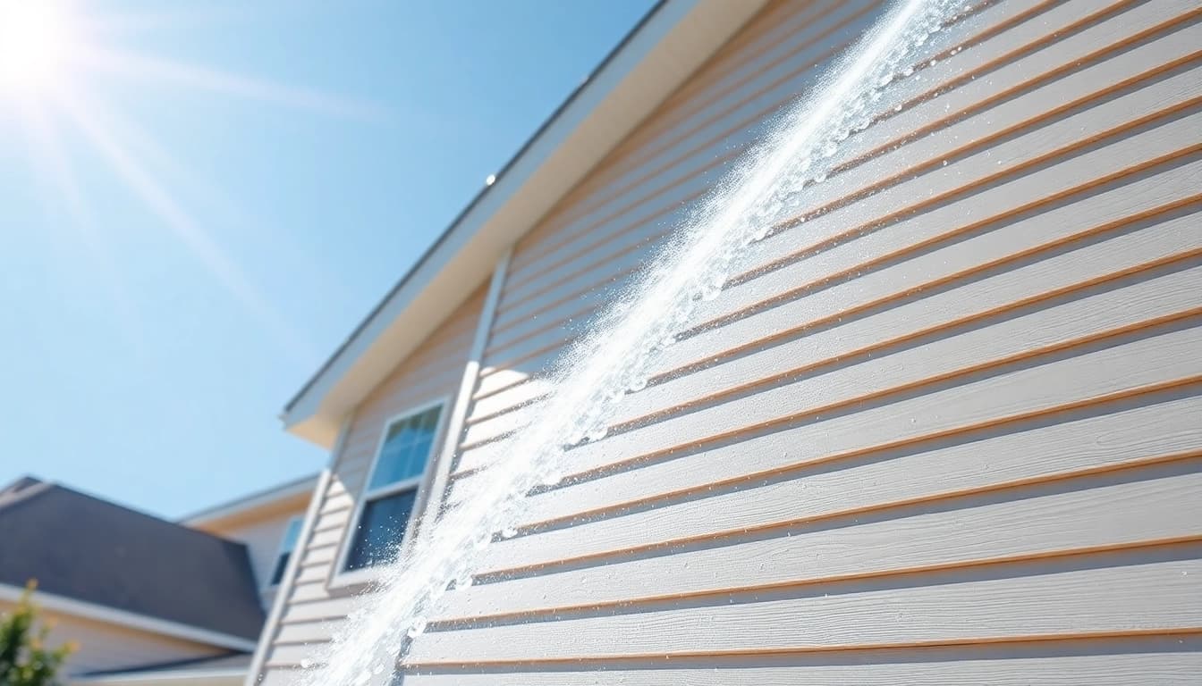 House Washing service cleaning home exterior with water jets for a spotless finish.