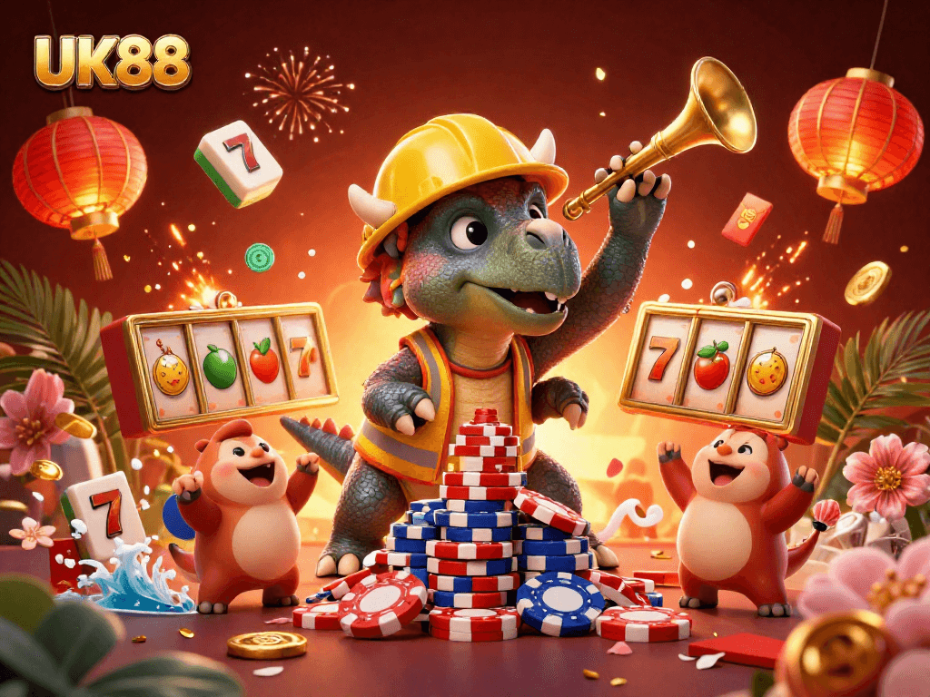 Engage with UK88 as a triceratops builds poker chip pyramids amidst vibrant casino themes.