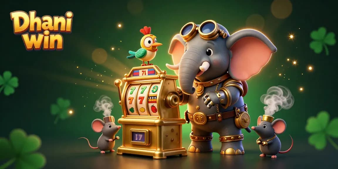 Dhani win gaming platform featuring a vibrant steampunk elephant at a golden slot machine, captivating action.