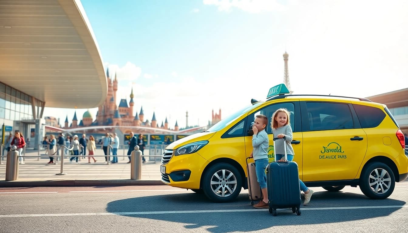 Book a taxi from Paris airport to Disneyland, featuring a family happily loading luggage.