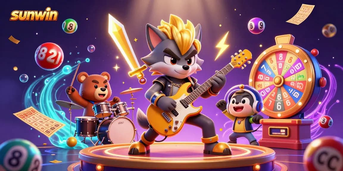 Experience thrilling fun at sunwin with a vibrant casino scene featuring rock star characters, colorful lottery elements, and dynamic energy.