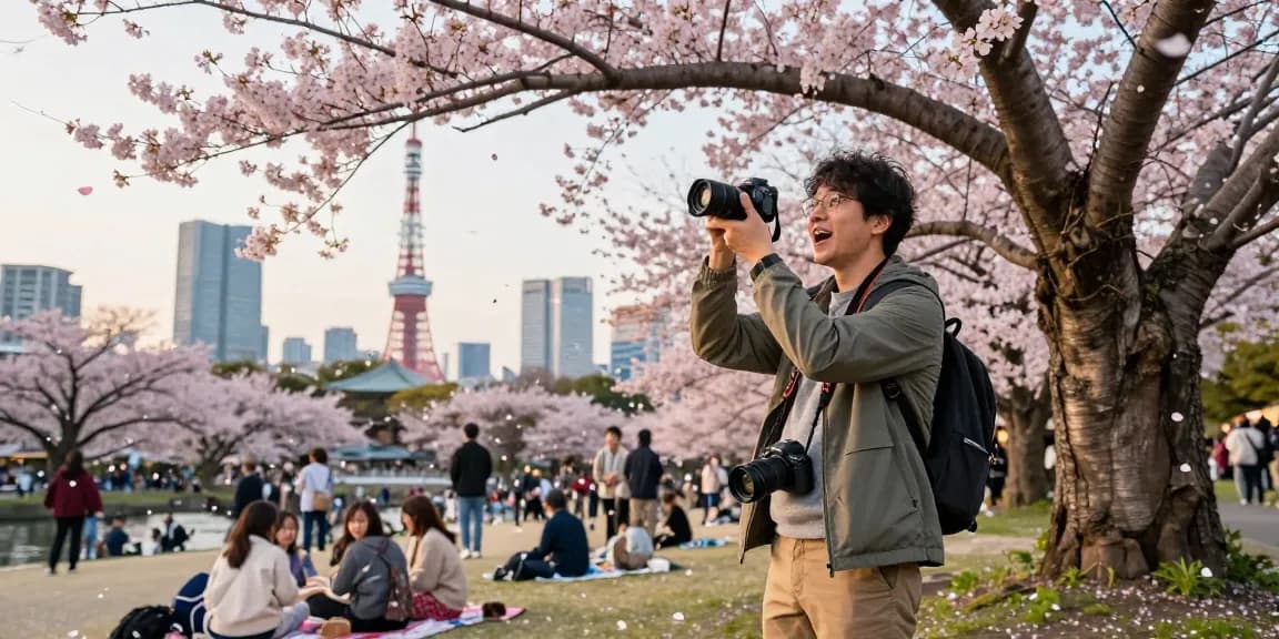 NAGA2000 traveler experiencing cherry blossoms in Tokyo with vibrant atmosphere.