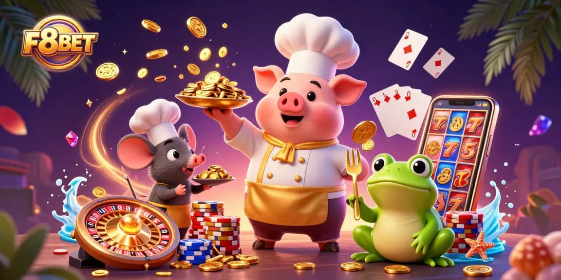F8BET showcases a lively cartoon scene with a chef pig serving gold coins, exciting casino elements.