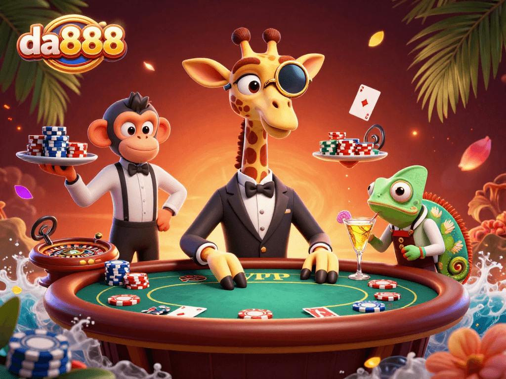 Join da888's high-roller giraffe at a lively poker table filled with gaming excitement.