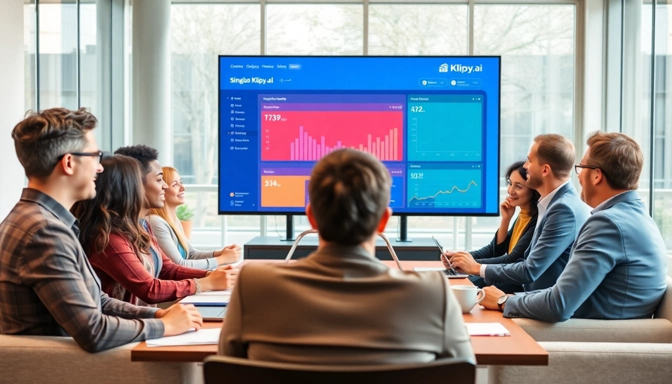 Klipy.ai dashboard displayed in a business meeting, showcasing team collaboration.