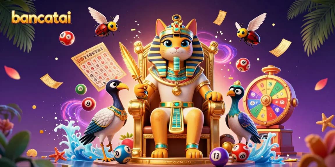 bancatai engages players with a vibrant 3D scene featuring an Egyptian pharaoh cat and dynamic lottery elements.