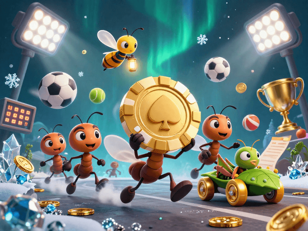 MUBET showcases a vibrant heist theme with cartoon ants, sports elements, and a dynamic casino setting.