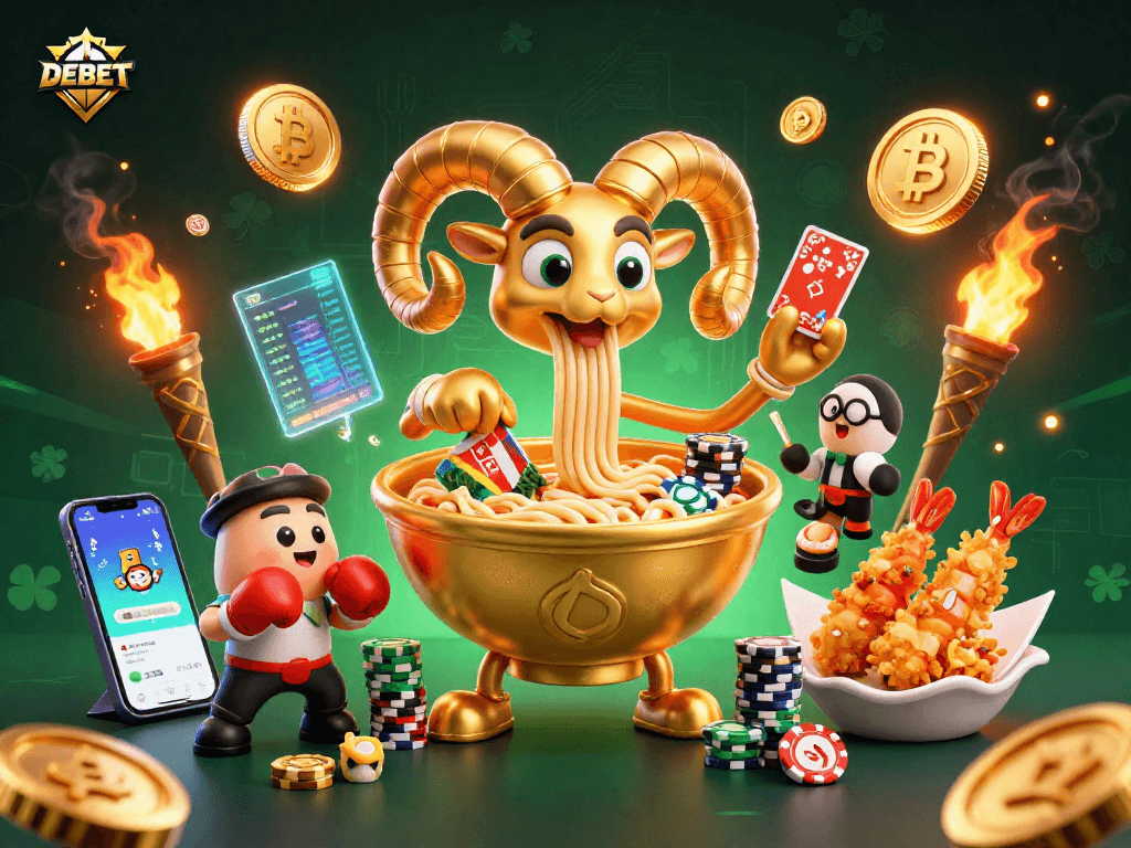 DEBET engages players with dynamic casino action featuring animated characters and vibrant digital elements.