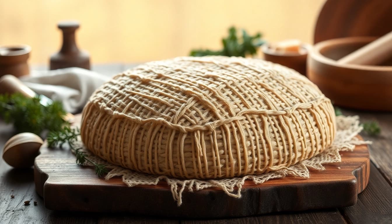 Kaasdoek met fijne structuur op een houten tafel, ideaal voor kaasbereiding.