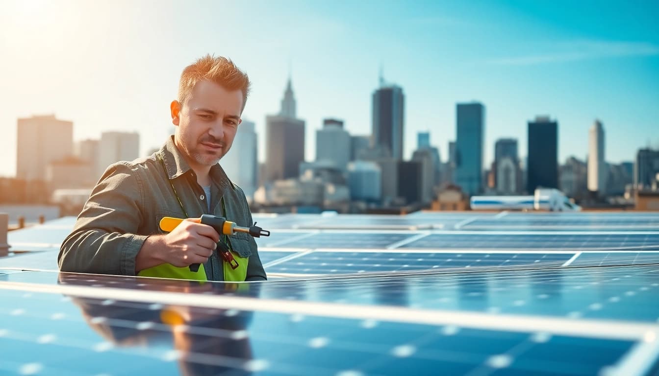 Engaging scene of a solar repair company New Jersey technician working on solar panels.