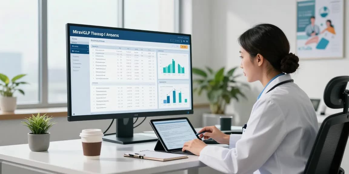 Healthcare professional reviewing MiraviGLP rankings insights in a modern office.