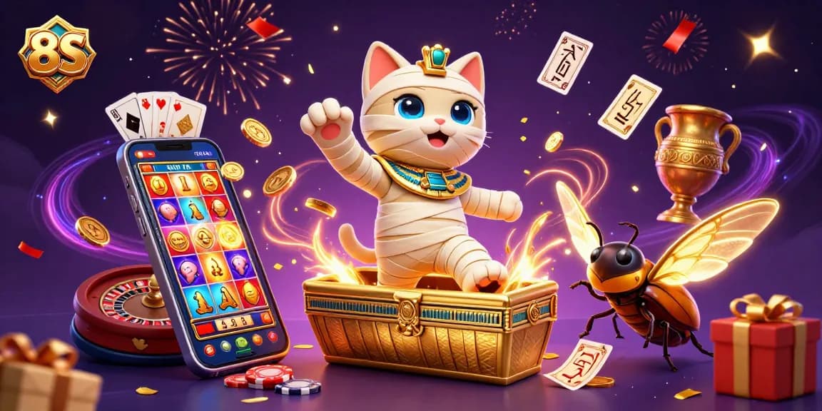 Experience 8S with an exciting Egyptian-themed cat and glowing scarab in a vibrant casino
