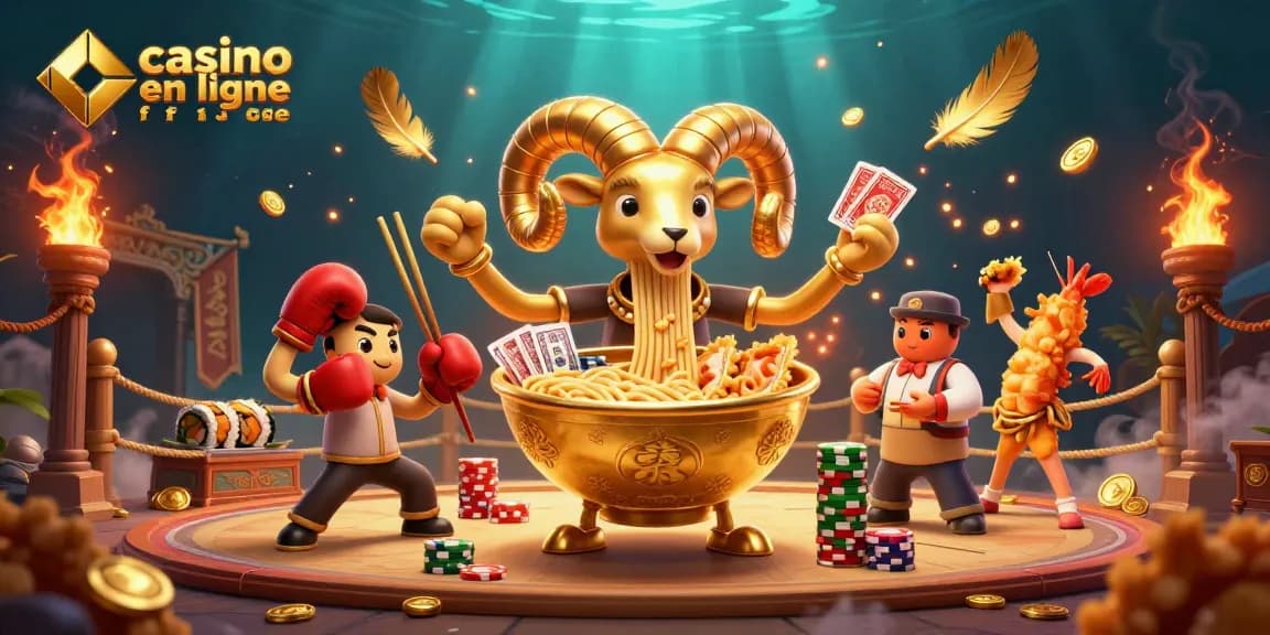 Illustration dynamique du casino en ligne France avec un bol de ramen et ses amis.