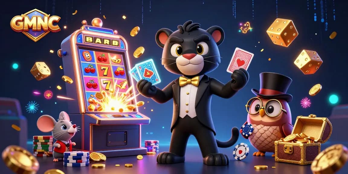 GMNC showcases an elegant black panther dealing cards amidst a vibrant casino scene bursting with excitement and jackpot wins