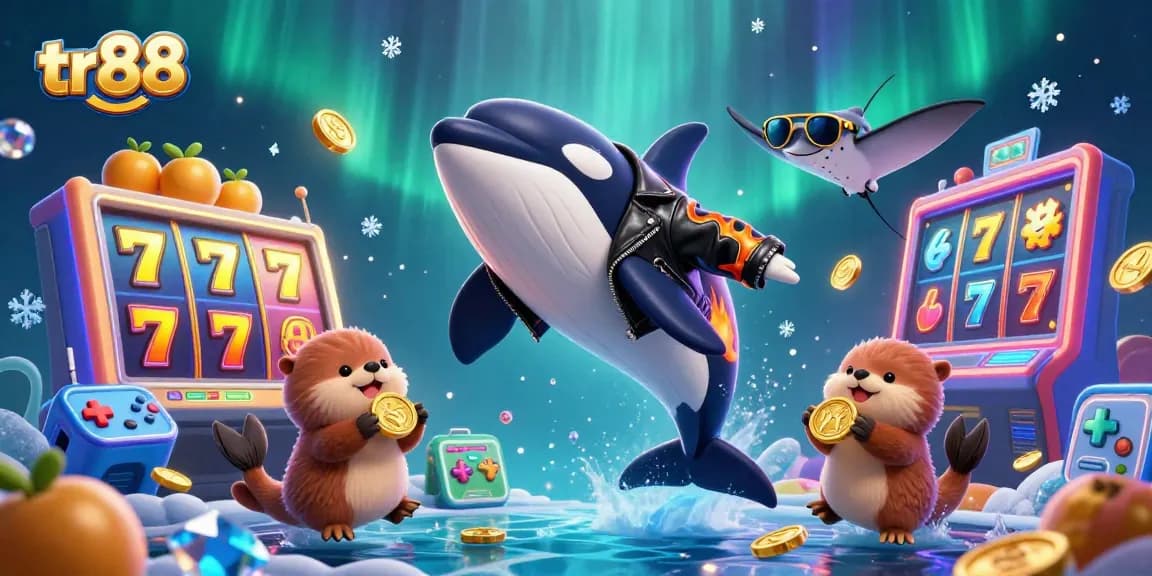 Experience thrilling fun at tr88 with an orca, stingray, and otters amid colorful casino games.