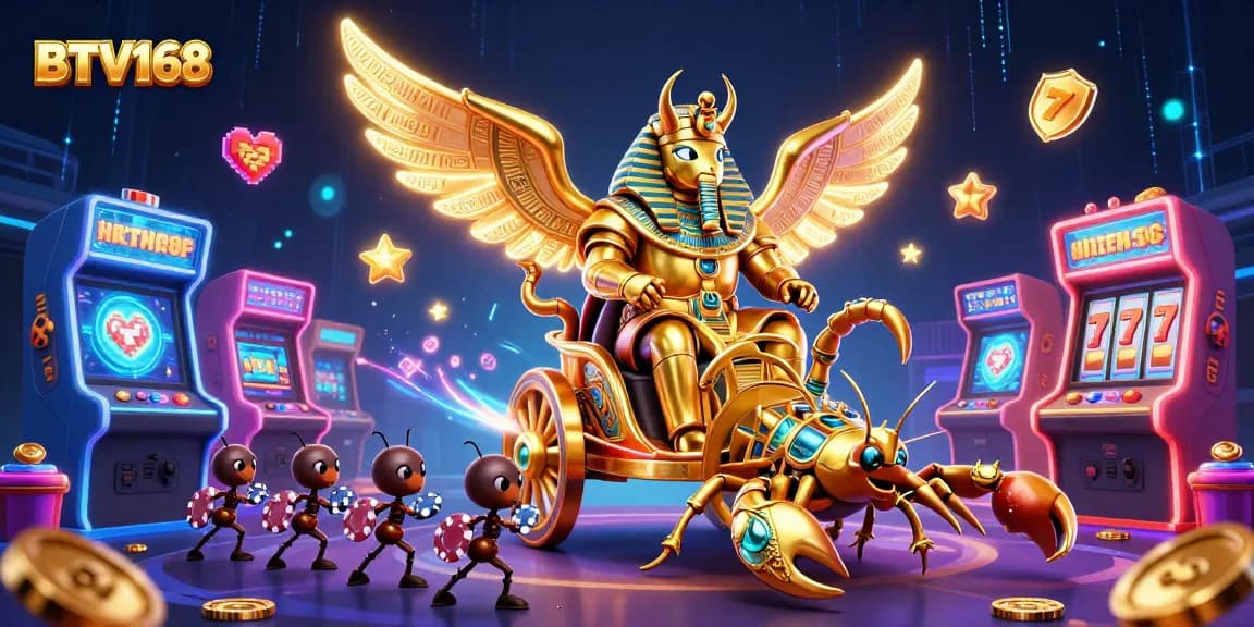 BTV168's vibrant casino adventure with golden scarab, scorpions, and arcade machines.