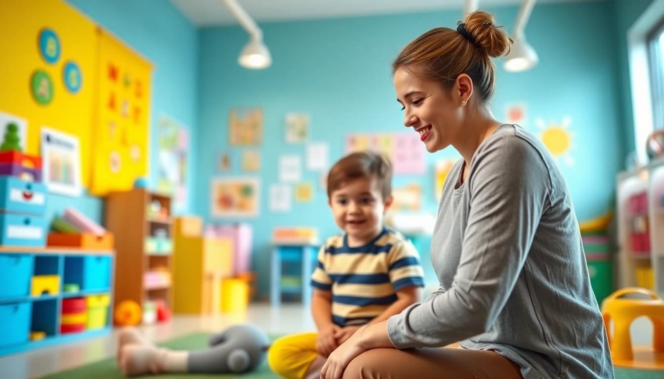 Child receiving supportive ABA therapy in Novi from an attentive therapist in a vibrant setting.