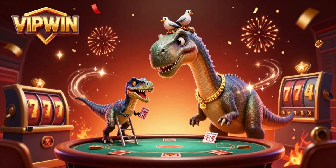 Experience the excitement at VIPWIN as a giant dinosaur peers over a lively casino scene with slots and cards.