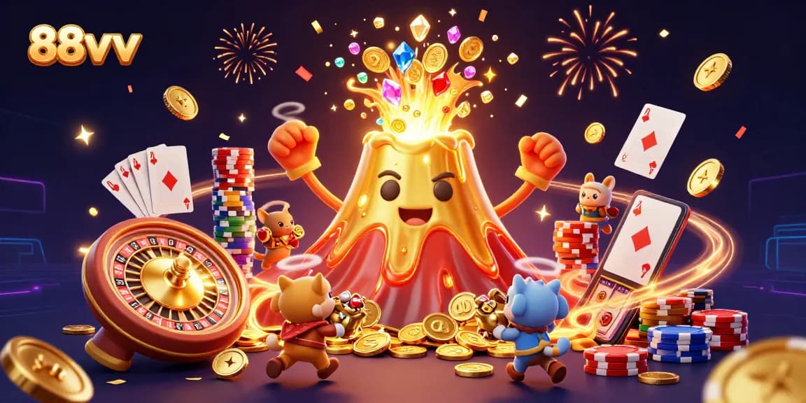 88vv showcases a vibrant gaming scene with a triumphant golden volcano erupting coins, gems, and animals.