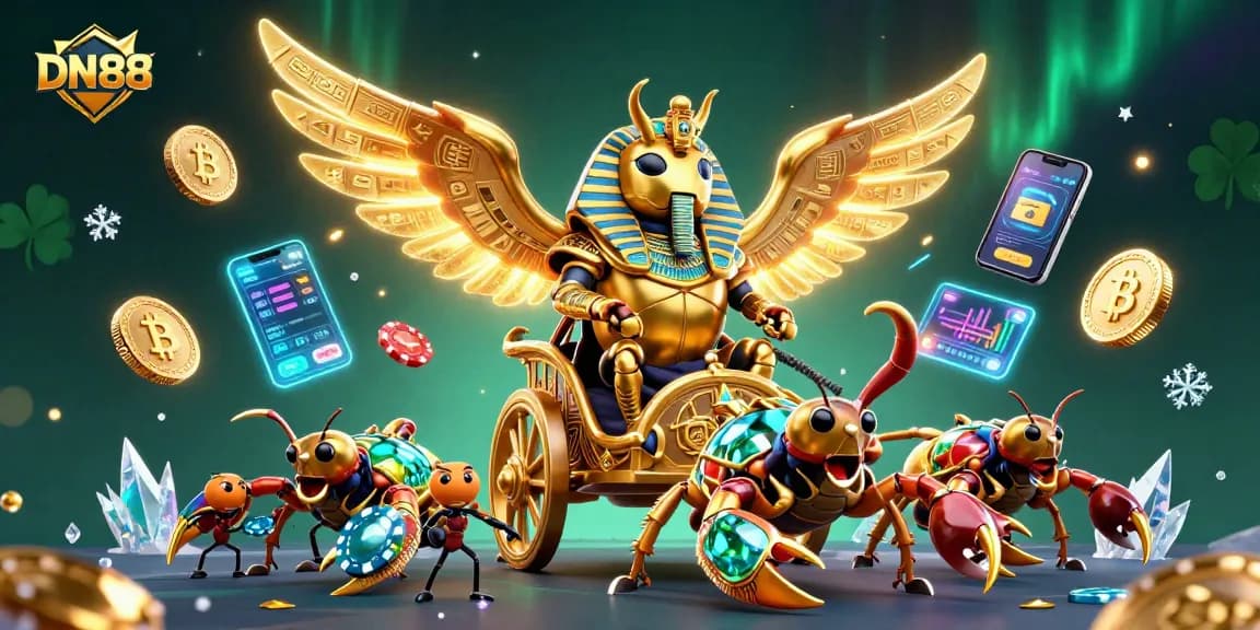 Experience thrilling gambling action at DN88 with a vibrant 3D illustration of a colossal scarab and treasure elements.