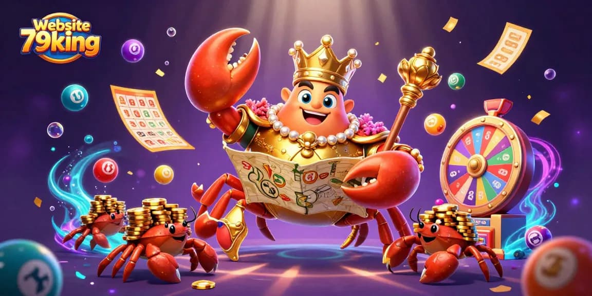 Exciting lottery action at website 79king shows a golden crab emperor amid colorful balls and golden prizes.