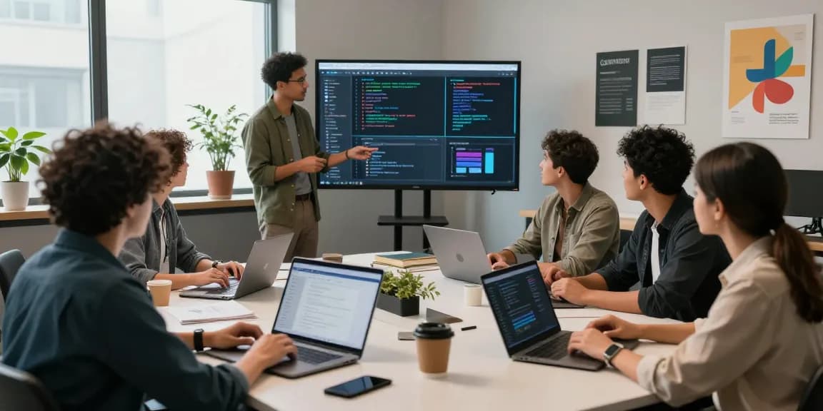 Build internal tools with AI in a collaborative workspace, showcasing a diverse team discussing digital mockups and code.