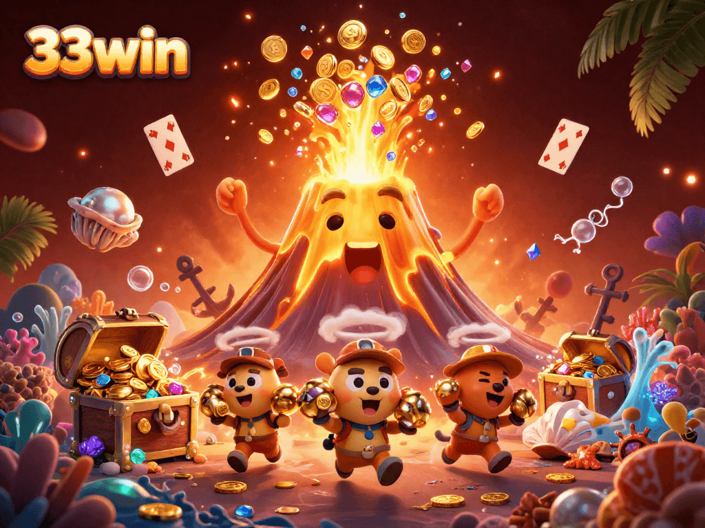 Experience the thrill of 33win with vibrant treasures erupting from a fiery volcano!