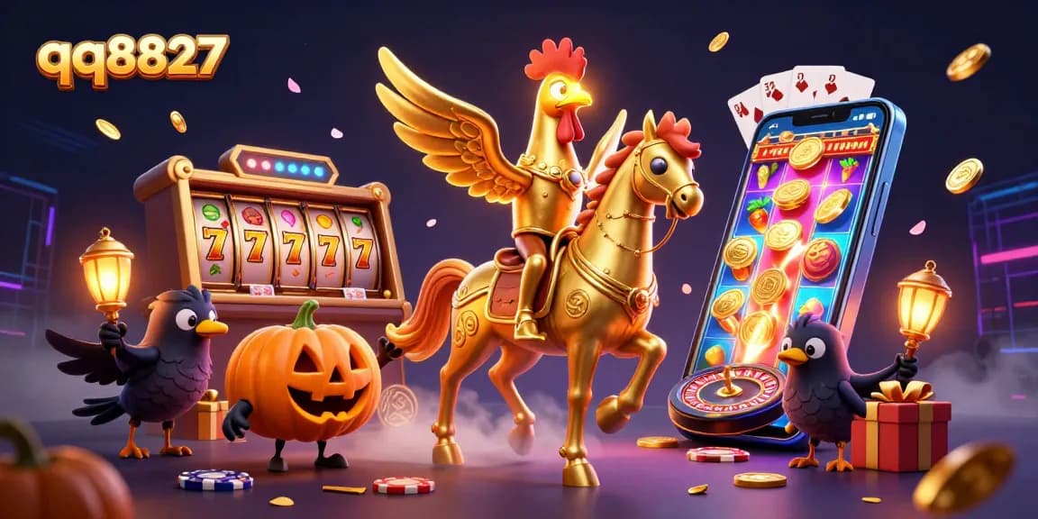 qq8827 slot gaming illustration showcasing golden rooster in dynamic casino scene