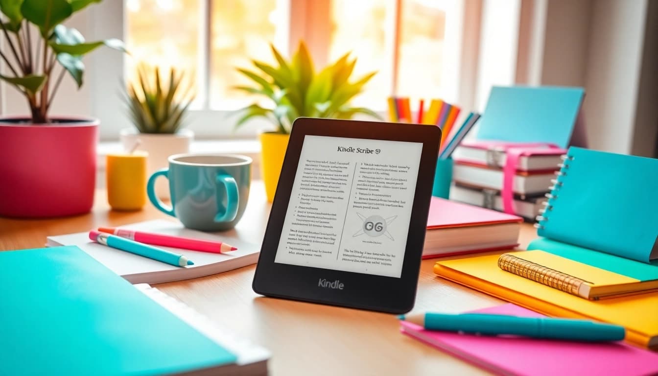 Enhance your organization with Planners for Kindle Scribe featuring colorful designs on a bright workspace.