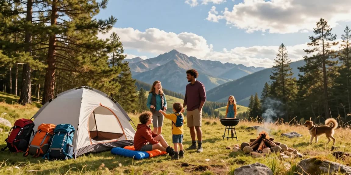 Family adventure camping at a scenic mountain site with mantra88 gear and vibrant outdoor equipment.