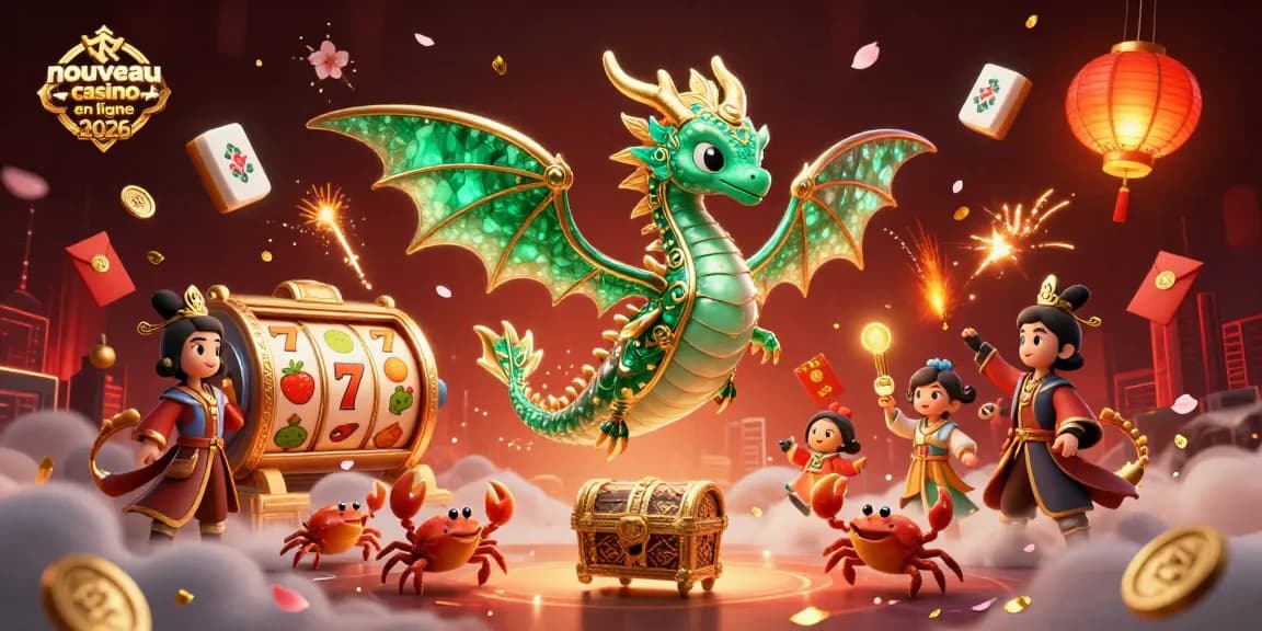 Scène dynamique d'un nouveau casino en ligne 2026 avec un dragon de mer en 3D, des rouleaux de machines à sous et des lanternes flottantes.