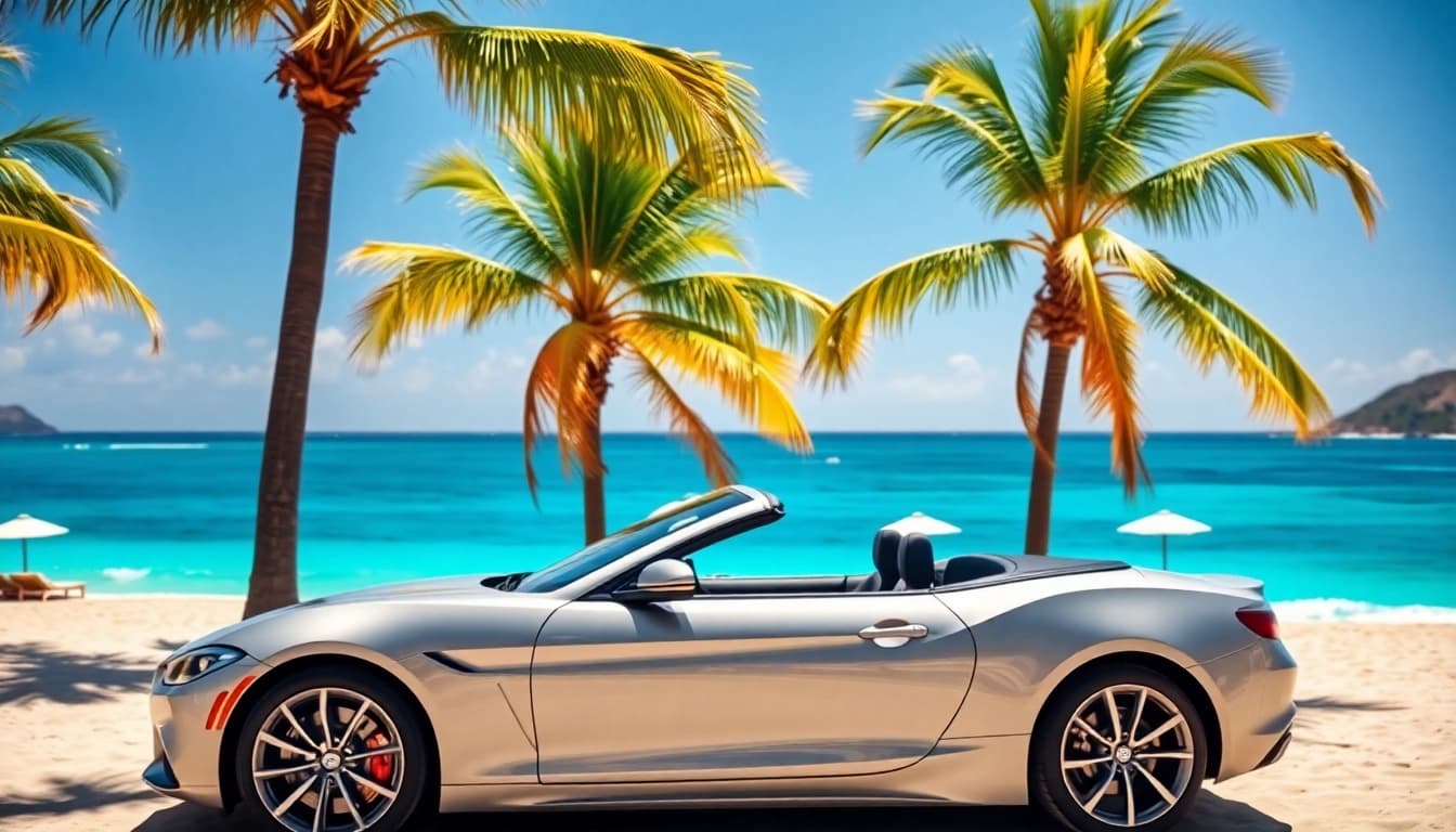 Renting the best car rental st barth with a convertible against a beautiful sandy beach.