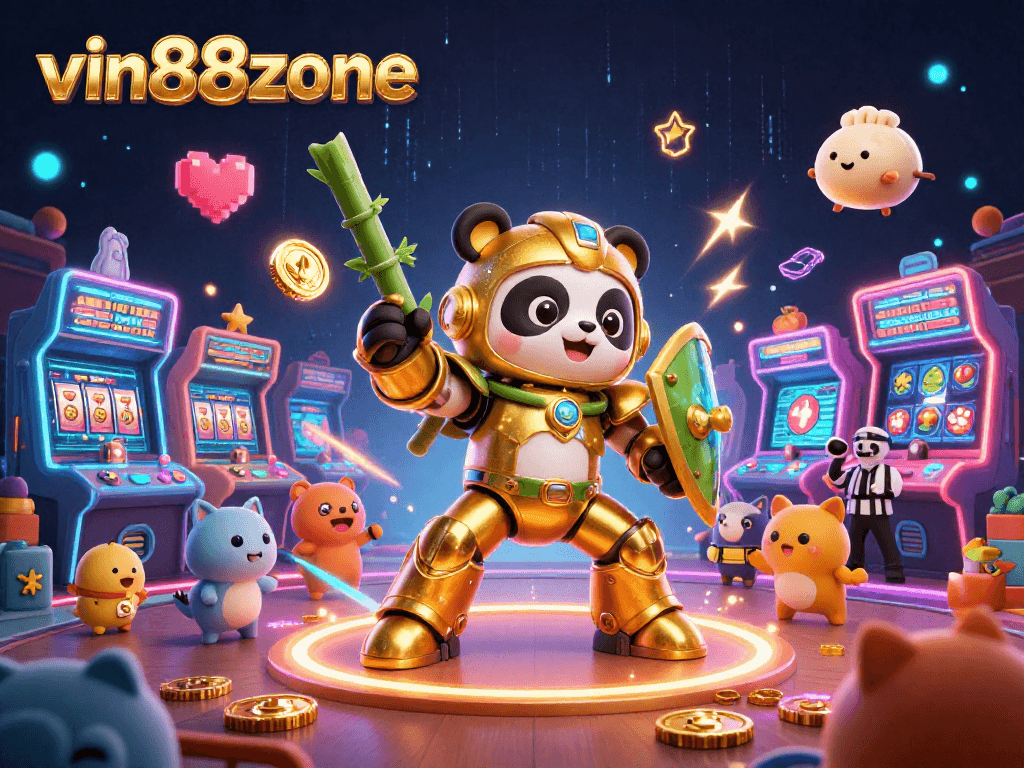 Experience immersive gaming action with vin88zone as a mech-suit panda pilot battles in an arcade casino arena.