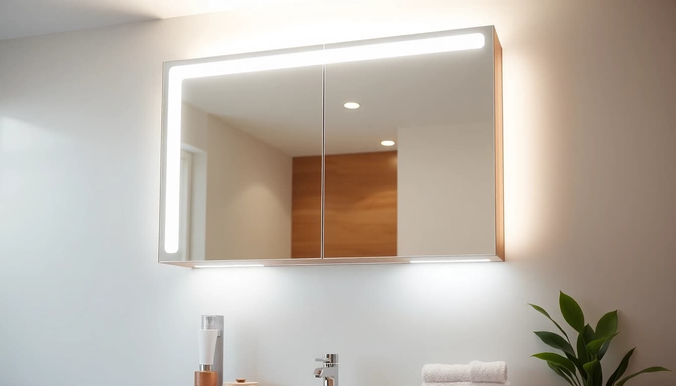 Spiegelschrank Bad mit Beleuchtung in natürlichem Holz und modernem Design.