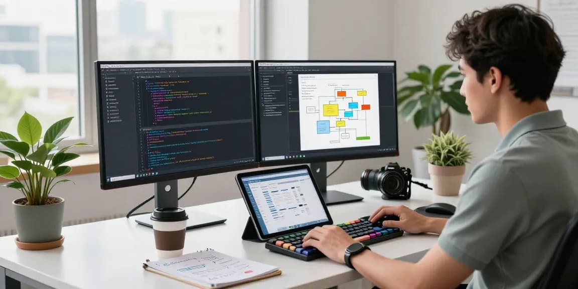 Developer working on bdtjl software in a modern workspace with dual monitors