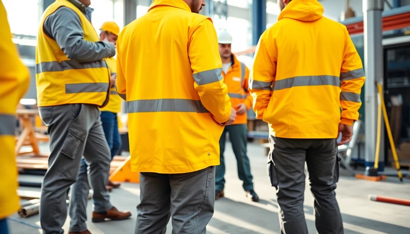 Professionals wearing diadora abbigliamento lavoro showcase safety and comfort on a construction site.