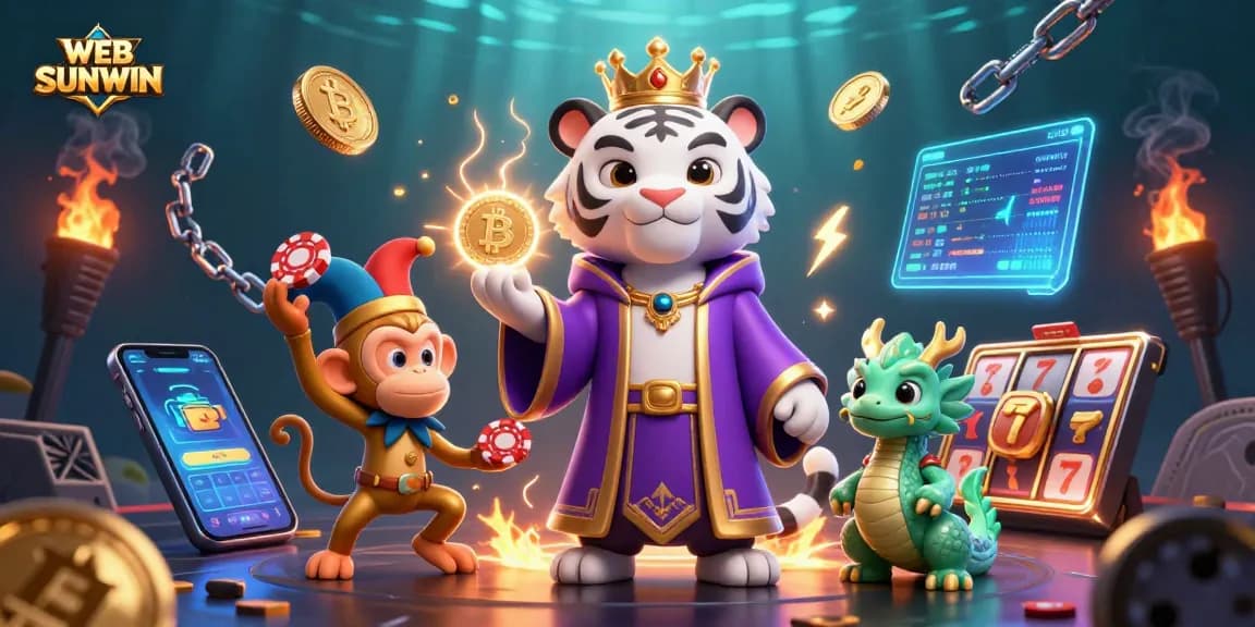 Engage with WEB SUNWIN in this vibrant 3D casino scene featuring a regal tiger, jester monkey, and a jade dragon.