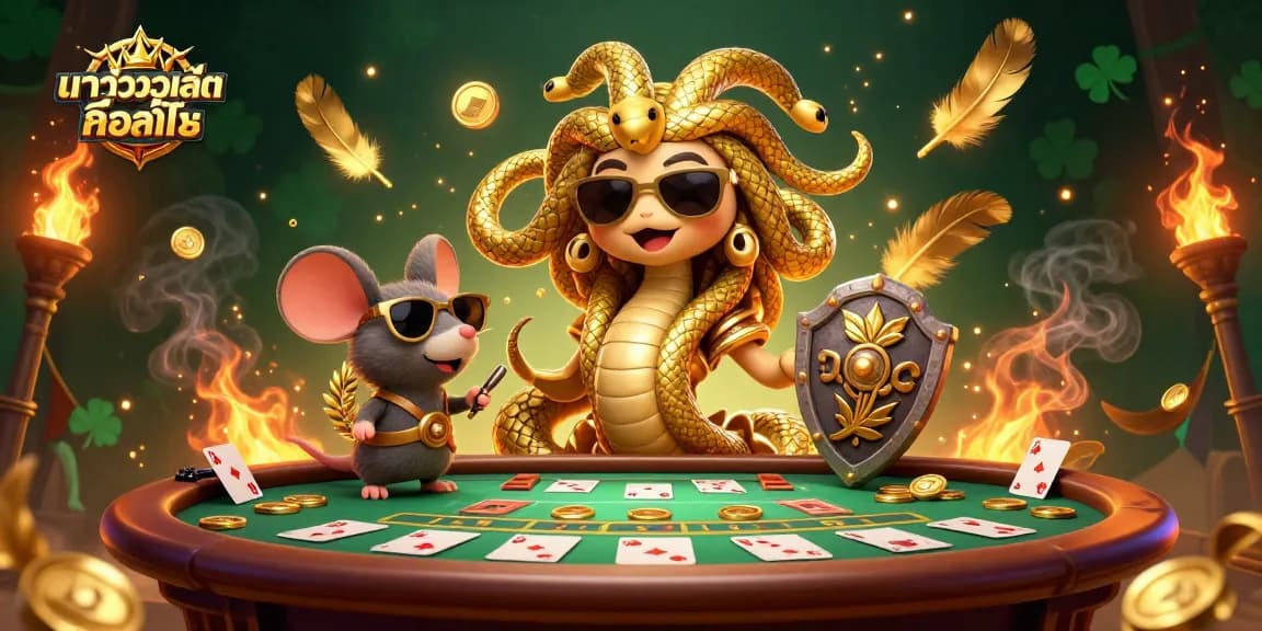 Engage with the vibrant world of baccarat alongside the friendly Medusa and warrior mouse in this fun, rich 3D illustration about บาคาร่าวอเลท คืออะไร.