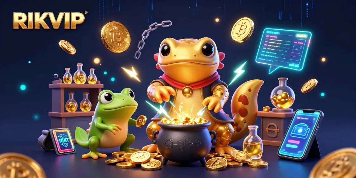 Engage with RIKVIP's immersive casino experience, featuring vibrant 3D characters and vibrant crypto elements.